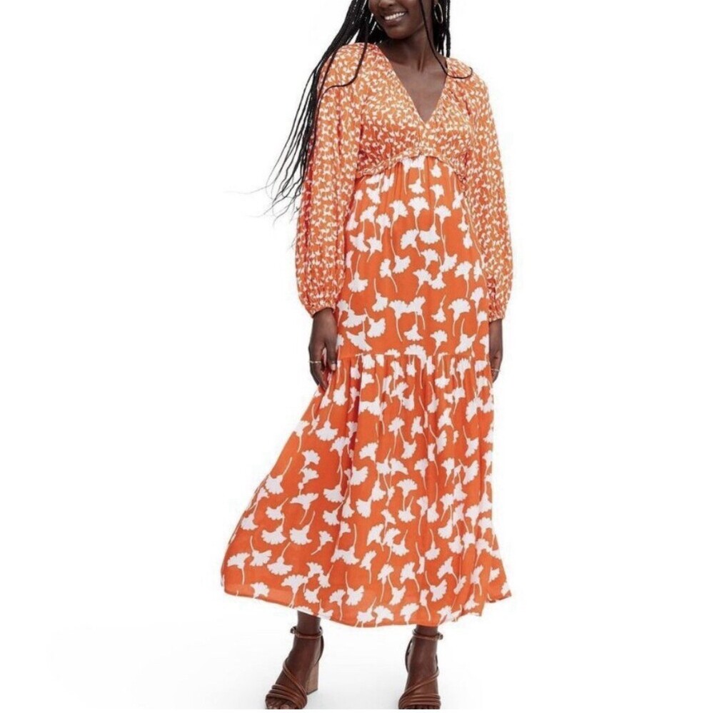 Diane von Furstenberg Orange White Floral Long Sleeve Maxi Dress Rayon Size L